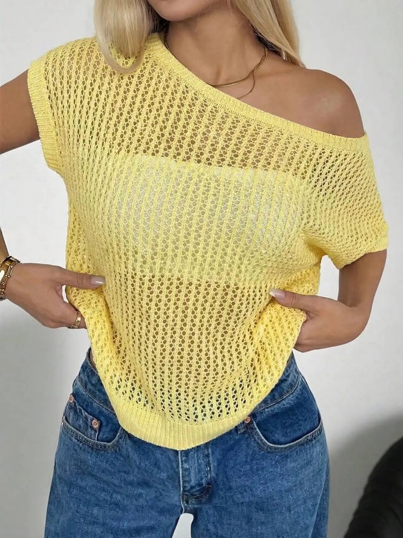Women'S Summer Fashion Hollow-Out Off-Shoulder Short-Sleeve Pullover, Casual Loose Fit Beach Vacation Top, Sexy Knit Pullover Tops, Womenswear Knitwear