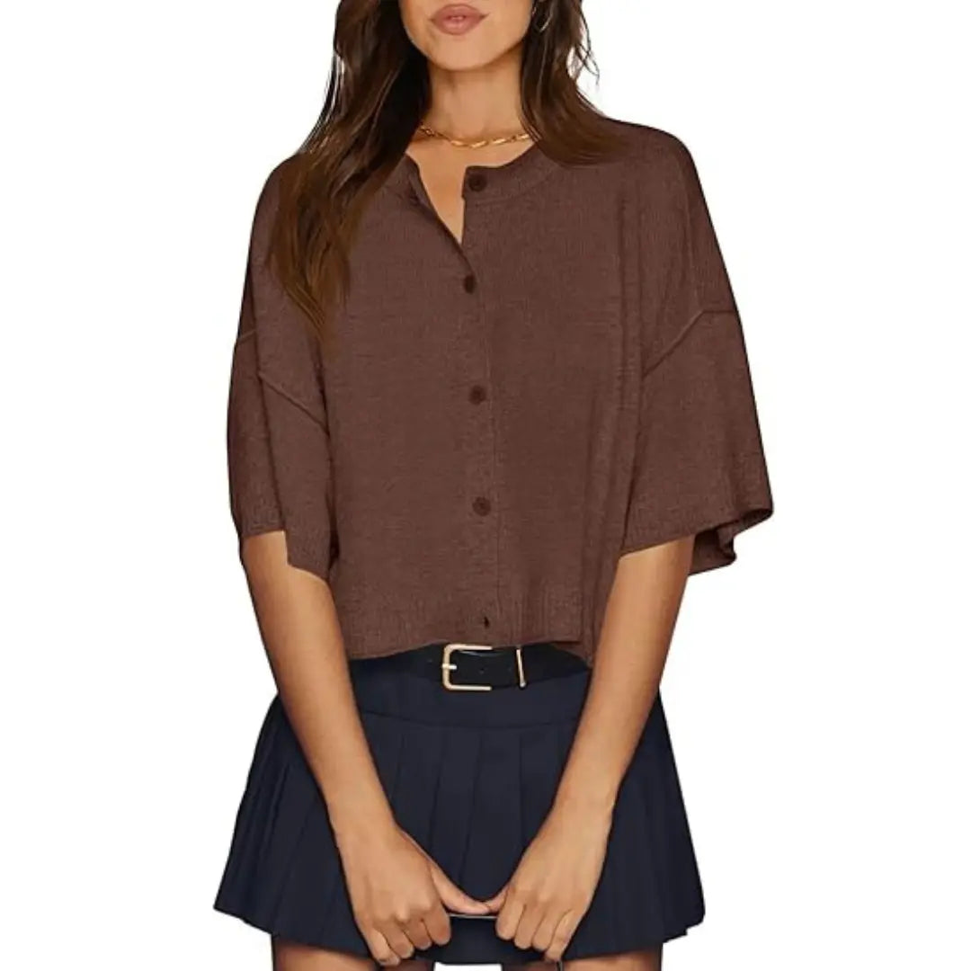 Imily Bela Womens Half Sleeve Cardigan Sweaters Cropped Button down Tops Oversized Lightweight Ribbed Knit Summer Outfits