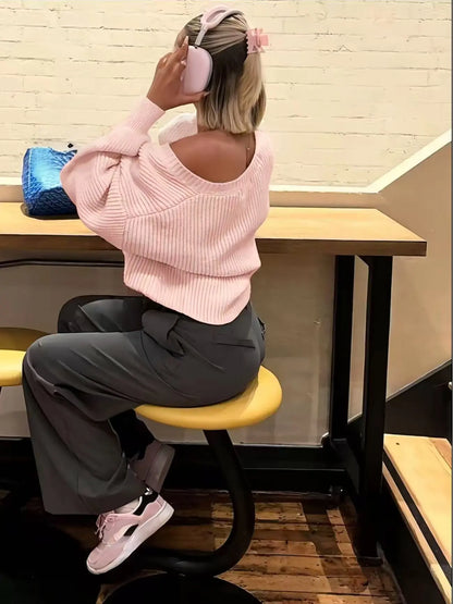 Sweet Dreams. Women'S V-Neck Knit Cardigan, Cropped Pink Button Front Sweater with Lantern Long Sleeves, Loose Casual Everyday Top, Long Sleeve, Knitwear