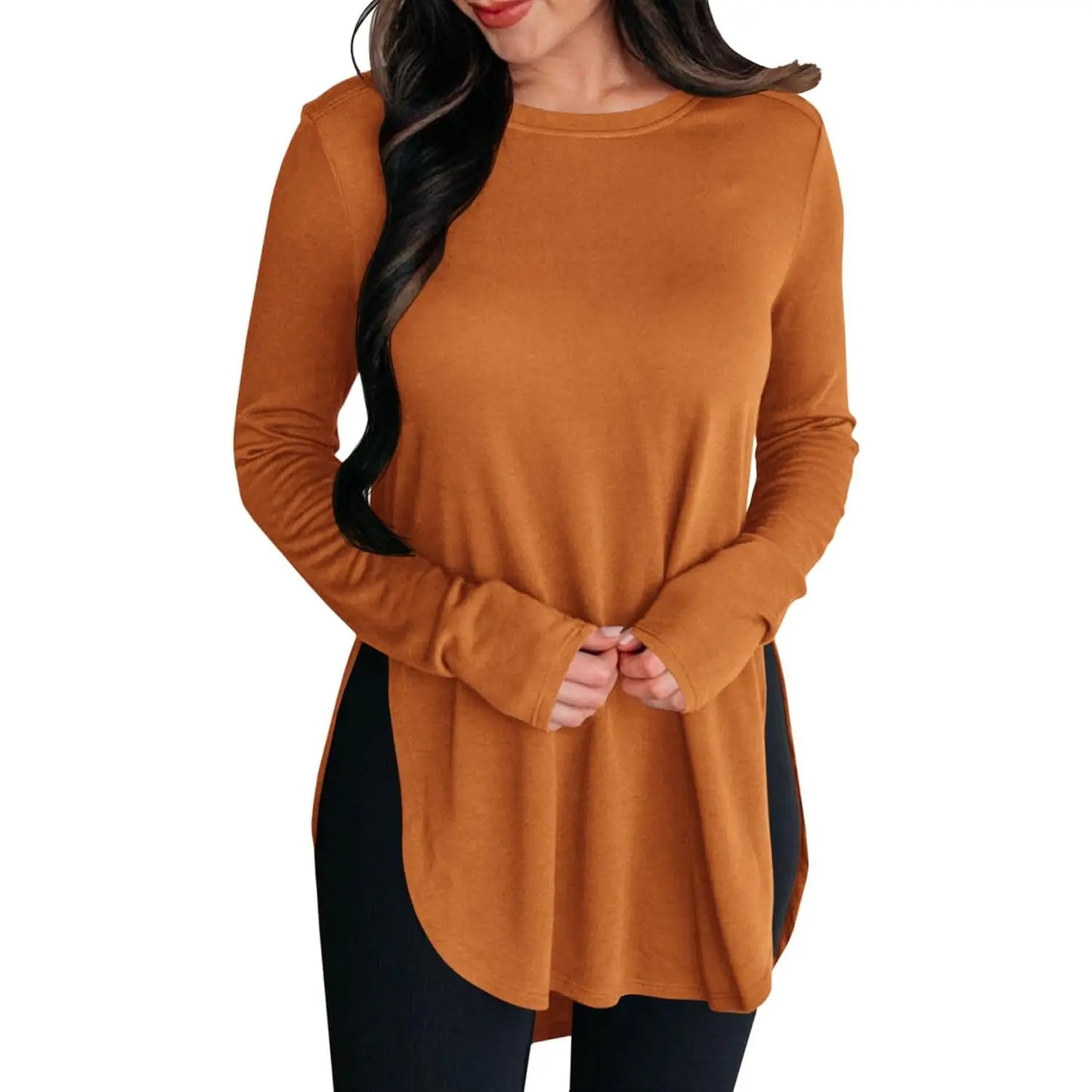 Women'S Comfy Casual Tunic Top, Long Sleeve Viscose Elastane Pullover with Side Split Hi-Low Hem for a Dress Casual Style, Longsleeves, Casual Comfy Clothes