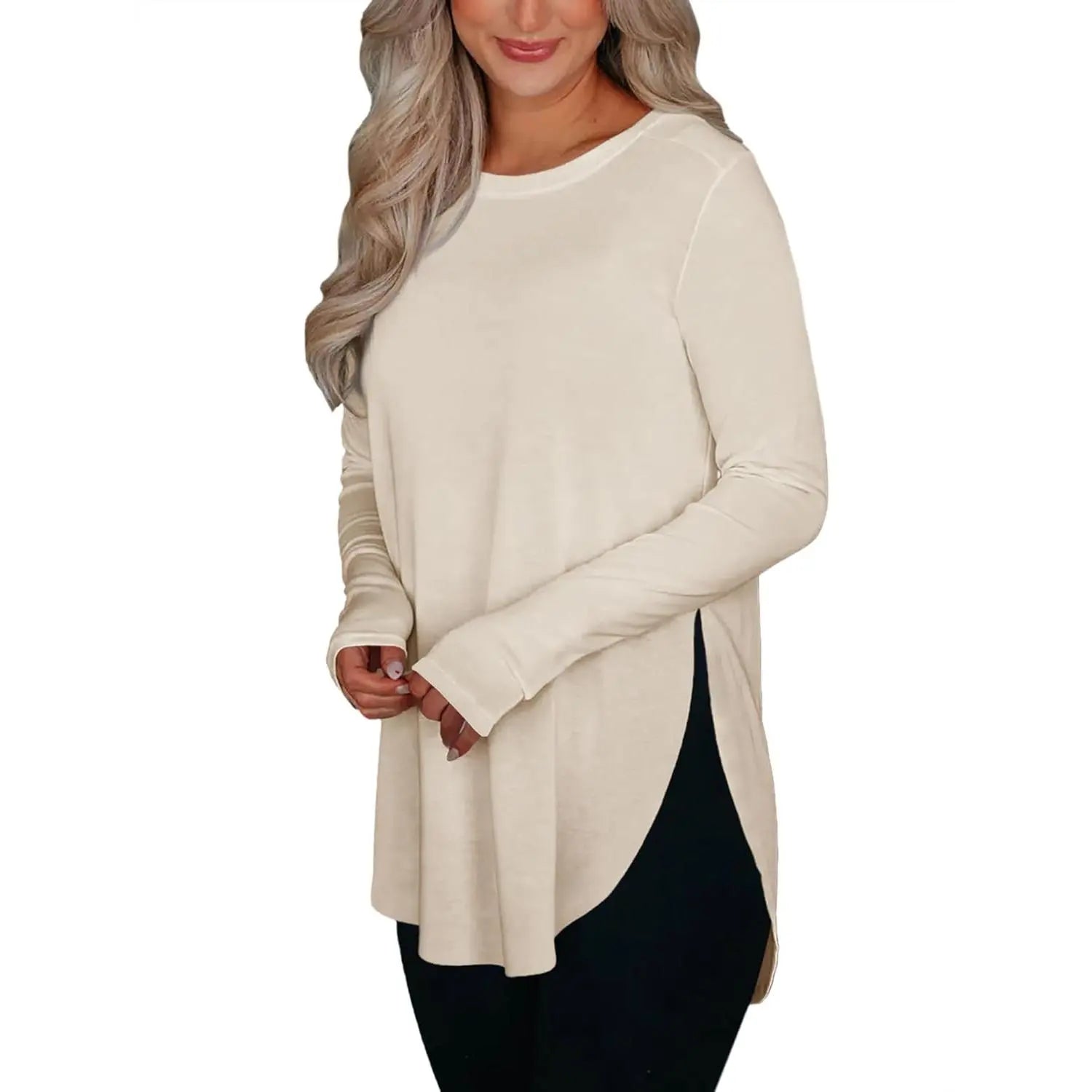 Women'S Comfy Casual Tunic Top, Long Sleeve Viscose Elastane Pullover with Side Split Hi-Low Hem for a Dress Casual Style, Longsleeves, Casual Comfy Clothes