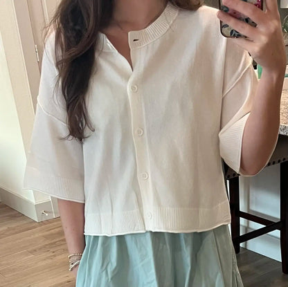 Imily Bela Womens Half Sleeve Cardigan Sweaters Cropped Button down Tops Oversized Lightweight Ribbed Knit Summer Outfits