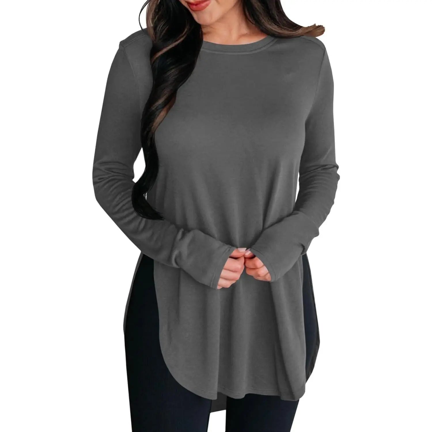 Women'S Comfy Casual Tunic Top, Long Sleeve Viscose Elastane Pullover with Side Split Hi-Low Hem for a Dress Casual Style, Longsleeves, Casual Comfy Clothes