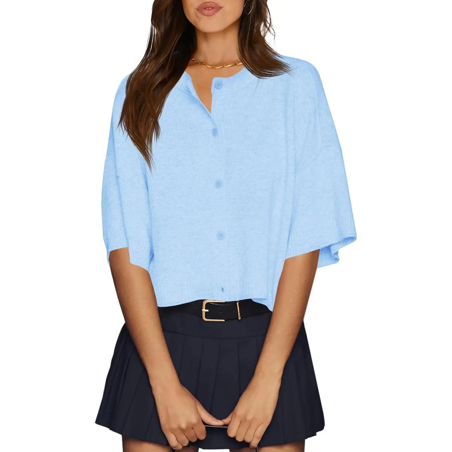 Imily Bela Womens Half Sleeve Cardigan Sweaters Cropped Button down Tops Oversized Lightweight Ribbed Knit Summer Outfits