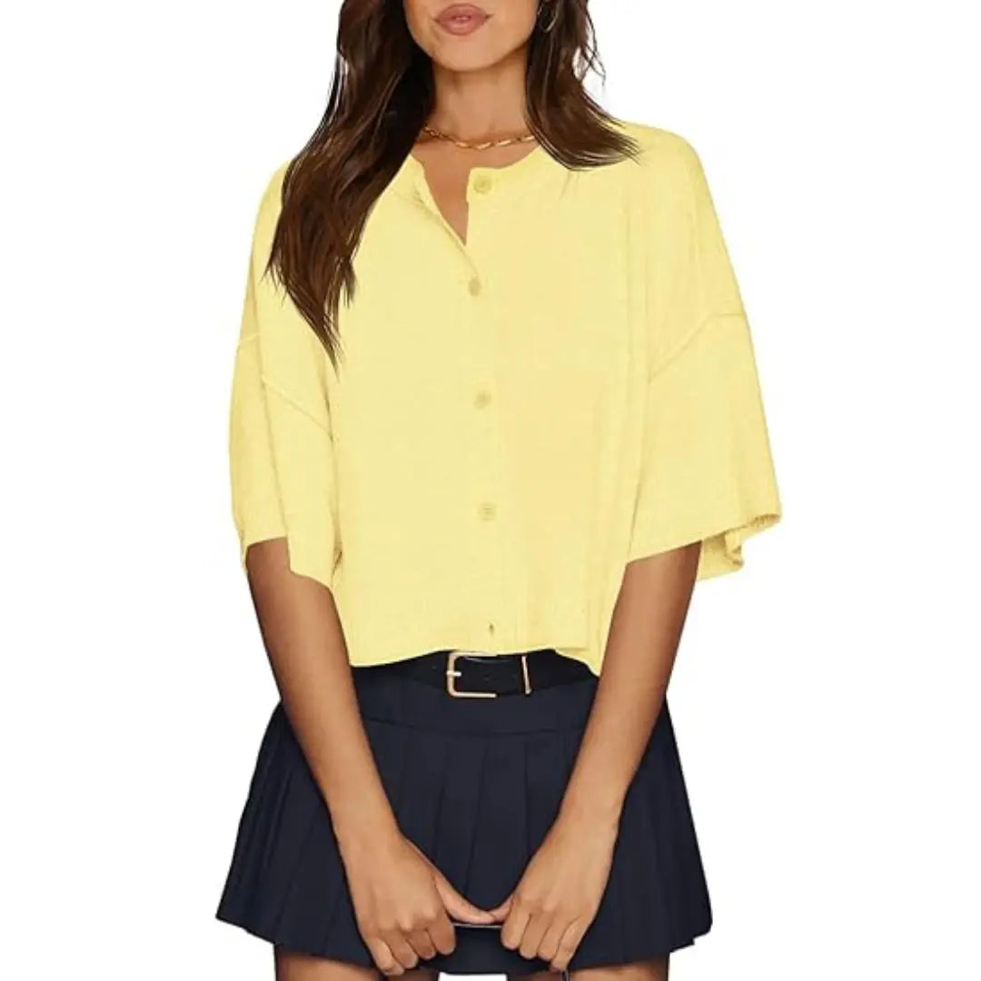 Imily Bela Womens Half Sleeve Cardigan Sweaters Cropped Button down Tops Oversized Lightweight Ribbed Knit Summer Outfits