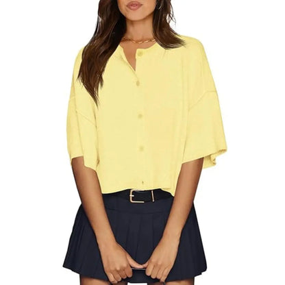 Imily Bela Womens Half Sleeve Cardigan Sweaters Cropped Button down Tops Oversized Lightweight Ribbed Knit Summer Outfits