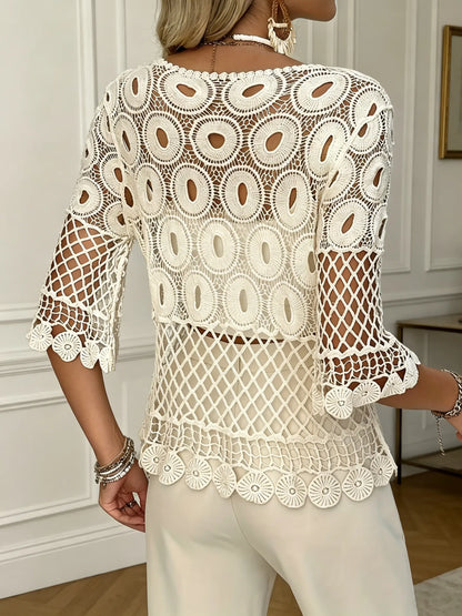 Chic French Lace Crochet Short-Sleeved Summer Sweater - Stylish Sun Protection Blouse for Women