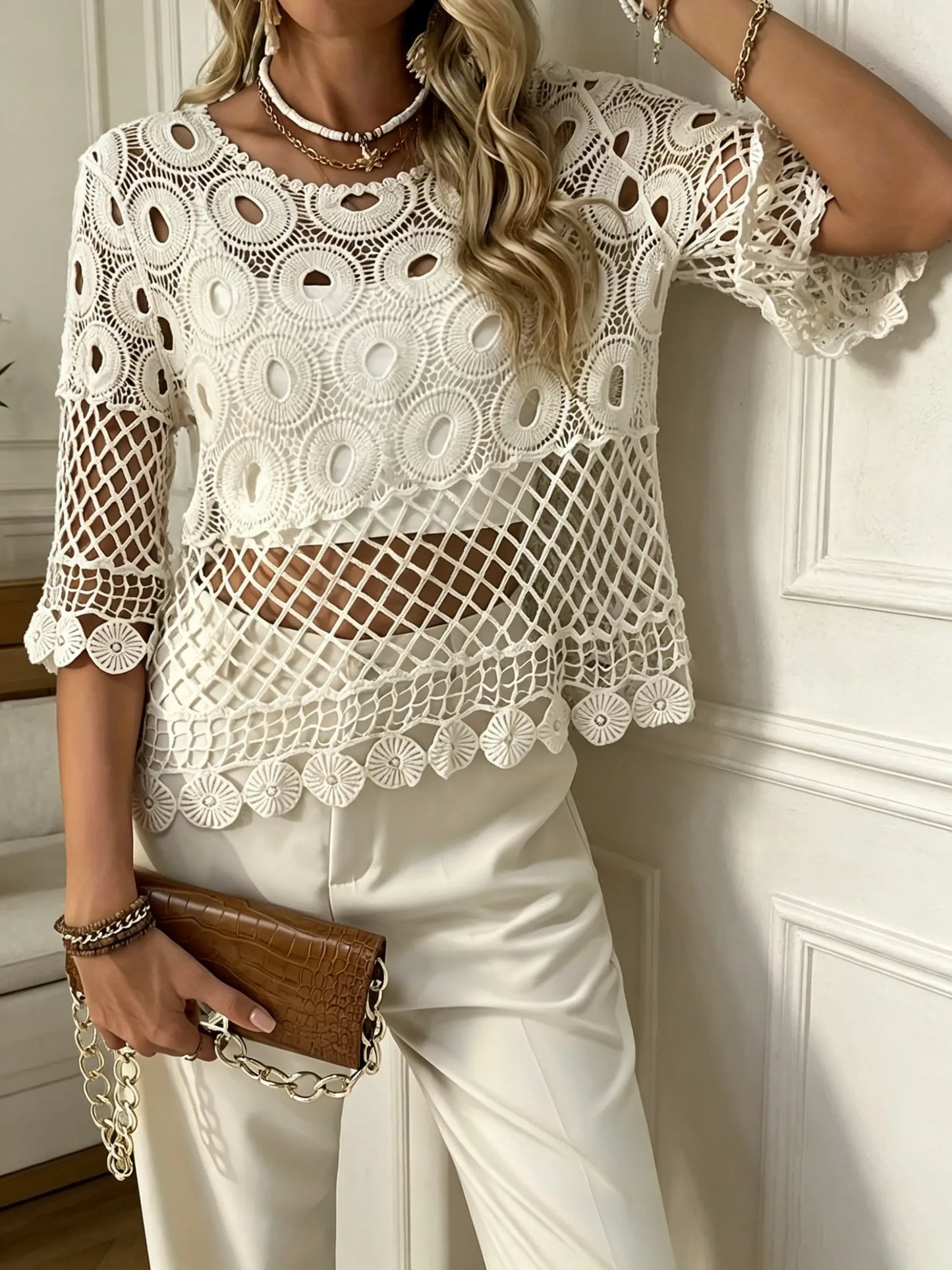 Chic French Lace Crochet Short-Sleeved Summer Sweater - Stylish Sun Protection Blouse for Women