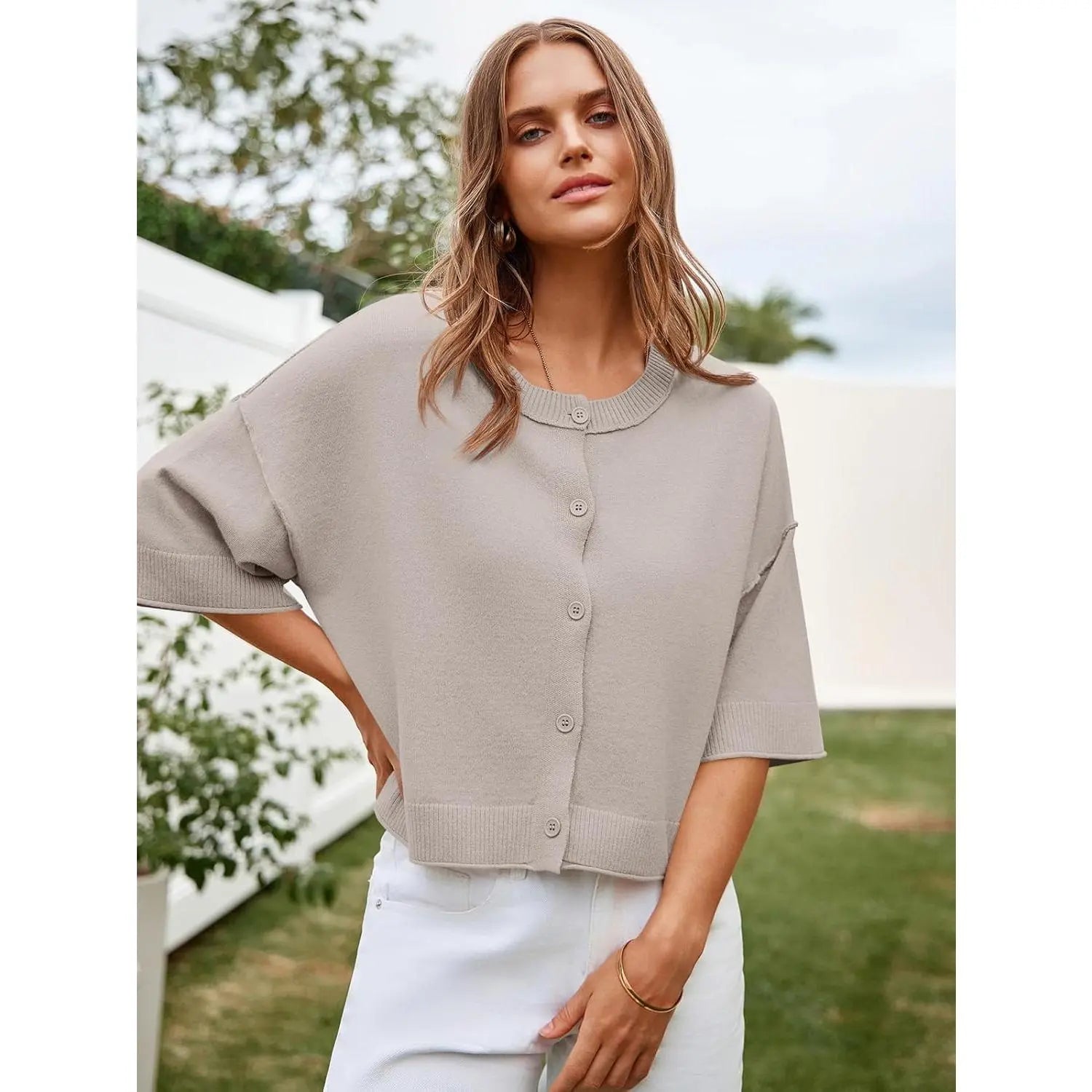 Imily Bela Womens Half Sleeve Cardigan Sweaters Cropped Button down Tops Oversized Lightweight Ribbed Knit Summer Outfits