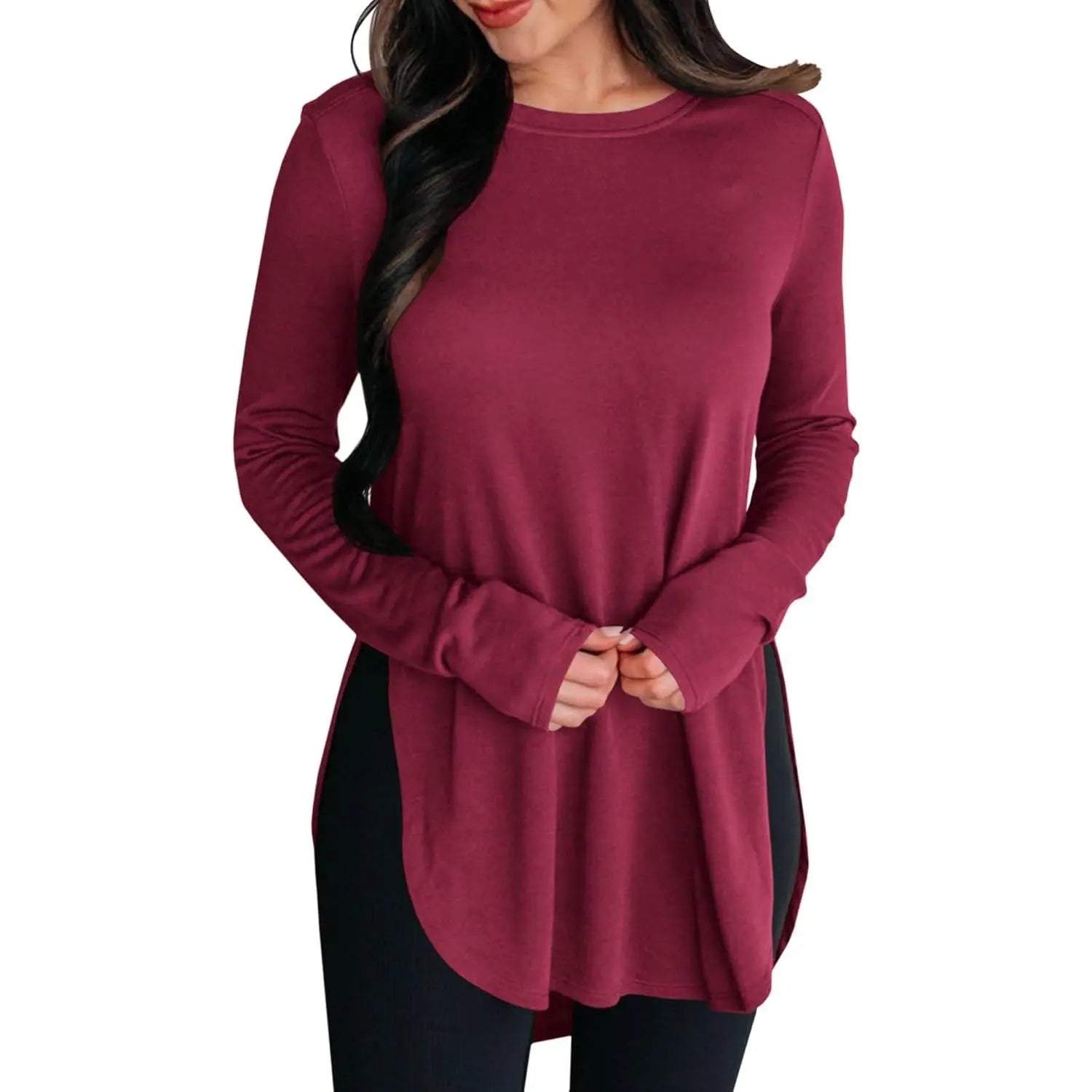 Women'S Comfy Casual Tunic Top, Long Sleeve Viscose Elastane Pullover with Side Split Hi-Low Hem for a Dress Casual Style, Longsleeves, Casual Comfy Clothes