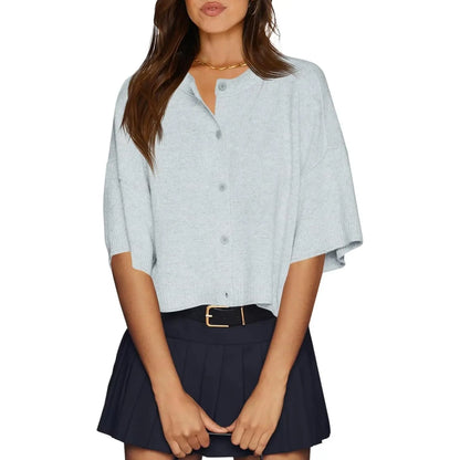 Imily Bela Womens Half Sleeve Cardigan Sweaters Cropped Button down Tops Oversized Lightweight Ribbed Knit Summer Outfits