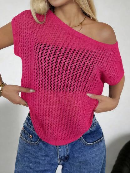 Women'S Summer Fashion Hollow-Out Off-Shoulder Short-Sleeve Pullover, Casual Loose Fit Beach Vacation Top, Sexy Knit Pullover Tops, Womenswear Knitwear