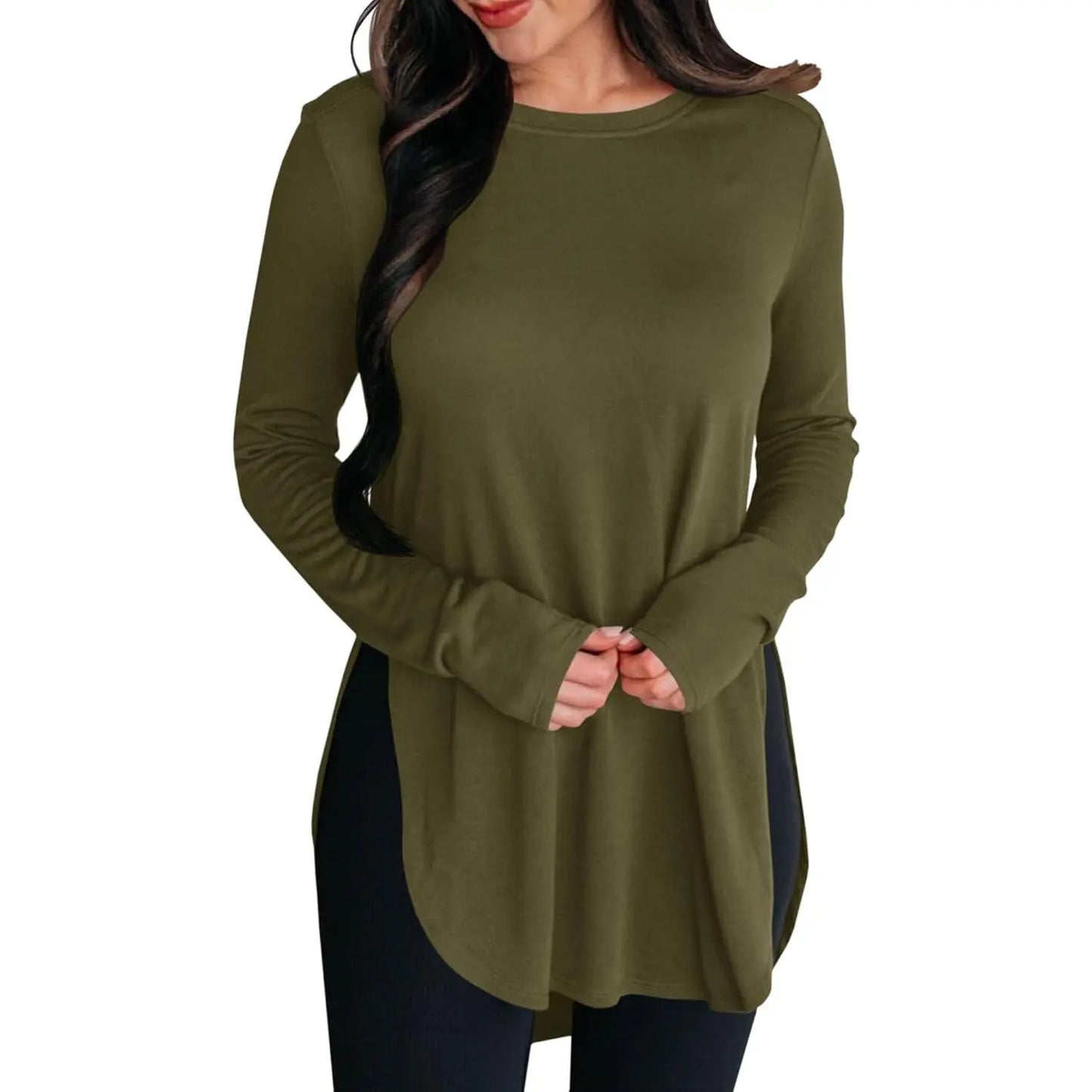 Women'S Comfy Casual Tunic Top, Long Sleeve Viscose Elastane Pullover with Side Split Hi-Low Hem for a Dress Casual Style, Longsleeves, Casual Comfy Clothes