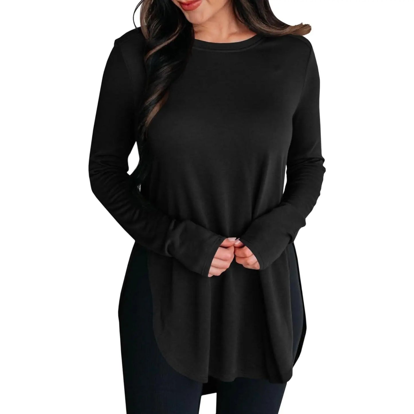 Women'S Comfy Casual Tunic Top, Long Sleeve Viscose Elastane Pullover with Side Split Hi-Low Hem for a Dress Casual Style, Longsleeves, Casual Comfy Clothes