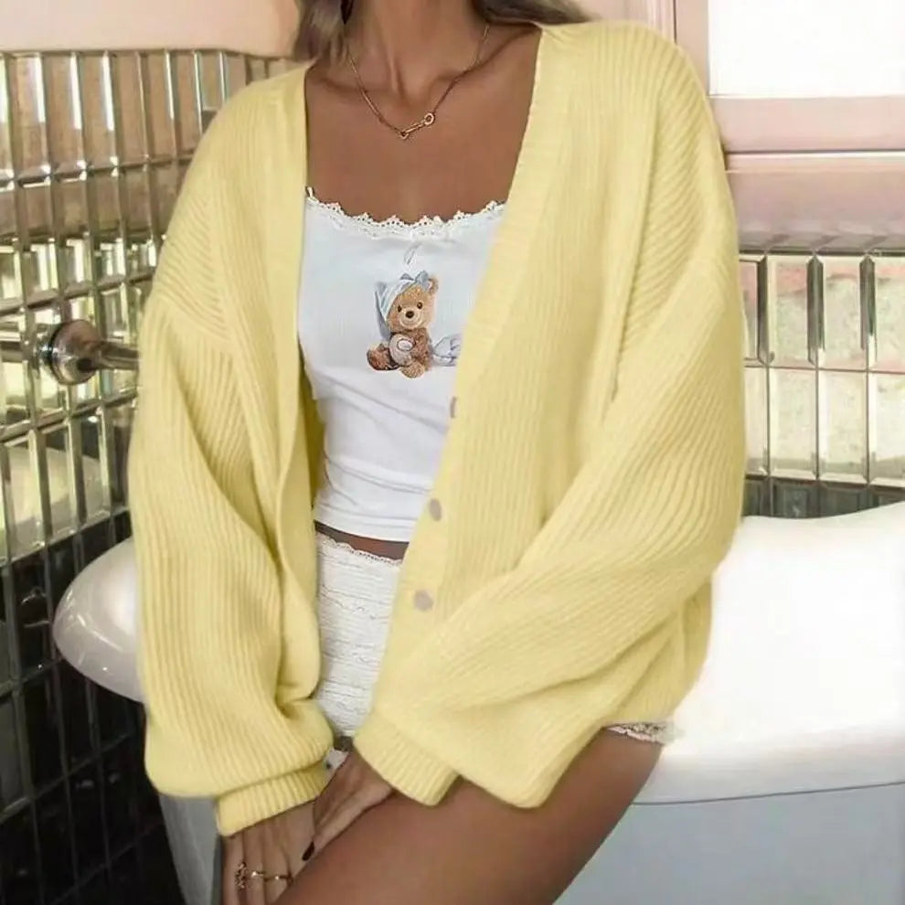 Sweet Dreams. Women'S V-Neck Knit Cardigan, Cropped Pink Button Front Sweater with Lantern Long Sleeves, Loose Casual Everyday Top, Long Sleeve, Knitwear