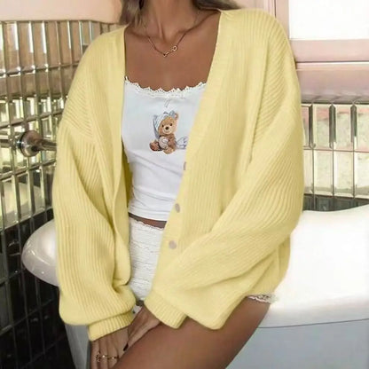 Sweet Dreams. Women'S V-Neck Knit Cardigan, Cropped Pink Button Front Sweater with Lantern Long Sleeves, Loose Casual Everyday Top, Long Sleeve, Knitwear