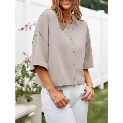 Imily Bela Womens Half Sleeve Cardigan Sweaters Cropped Button down Tops Oversized Lightweight Ribbed Knit Summer Outfits
